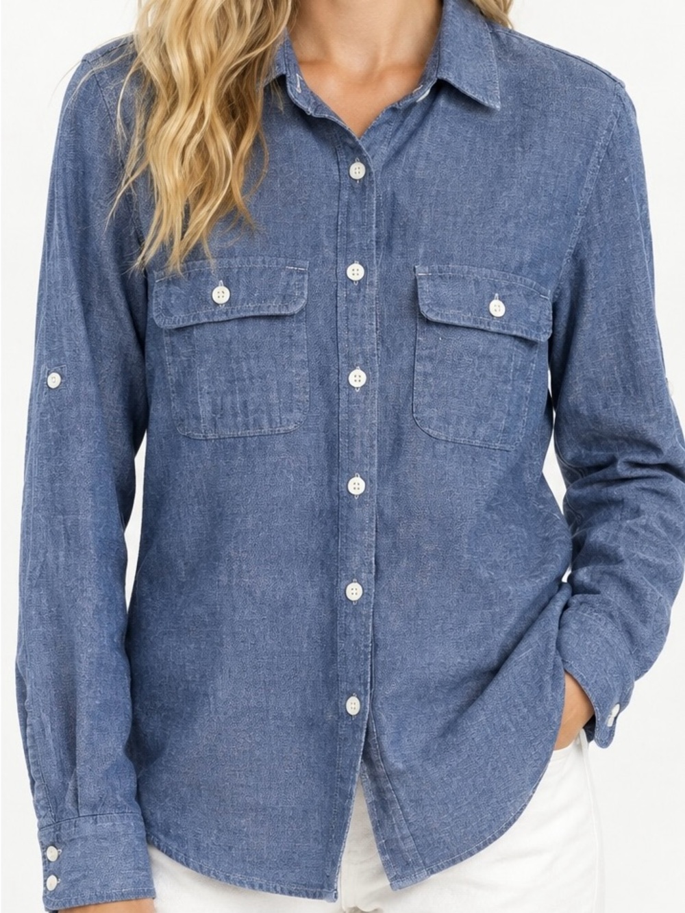Crew The Perfect Shirt Blue Chambray Button Down XS Coastal Boho